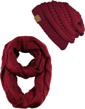 C.C Unisex Soft Stretch Chunky Cable Knit Beanie and Infinity Loop Scarf Set