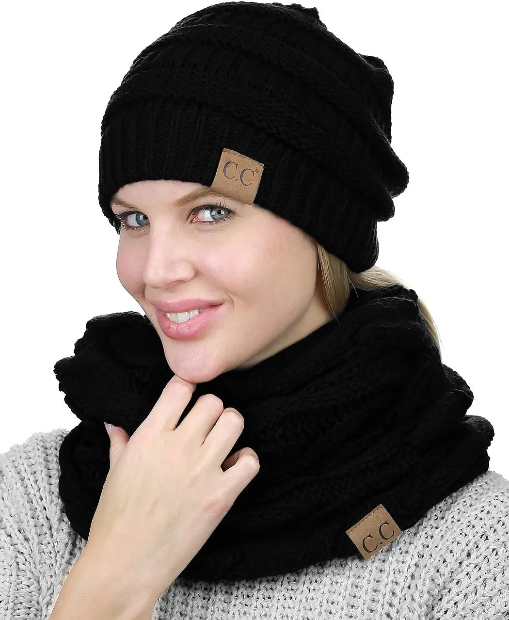 C.C Unisex Soft Stretch Chunky Cable Knit Beanie and Infinity Loop Scarf Set