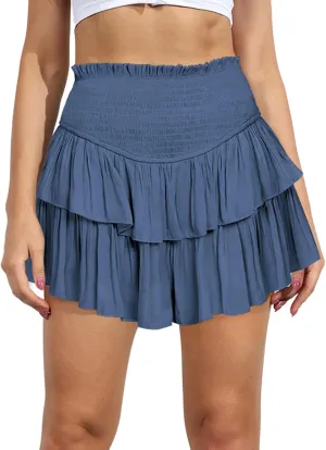 CHARTOU Women's High Waist Smocked Layered Ruffle Ballet Mini Skirt Stretch Pleated Beach Tulle Short Skirt