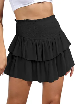 CHARTOU Women's High Waist Smocked Layered Ruffle Ballet Mini Skirt Stretch Pleated Beach Tulle Short Skirt