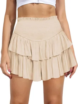 CHARTOU Women's High Waist Smocked Layered Ruffle Ballet Mini Skirt Stretch Pleated Beach Tulle Short Skirt