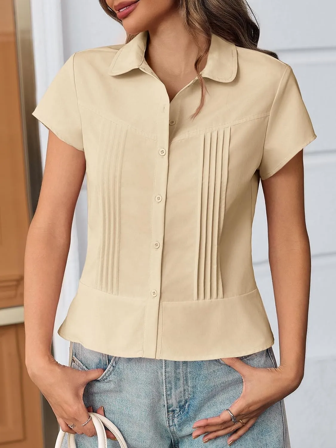 Cicy Bell Womens Short Sleeve Button Down Shirts Pleated Slim Fit Summer Dressy Casual Blouses