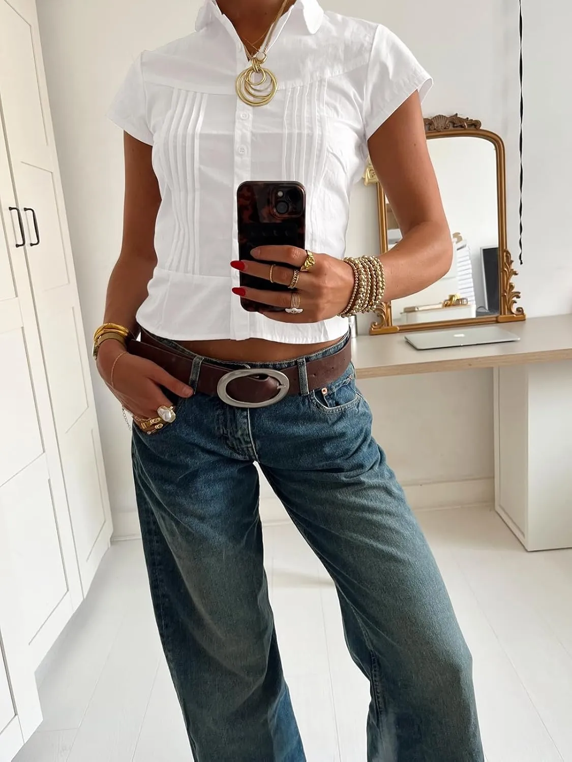 Cicy Bell Womens Short Sleeve Button Down Shirts Pleated Slim Fit Summer Dressy Casual Blouses