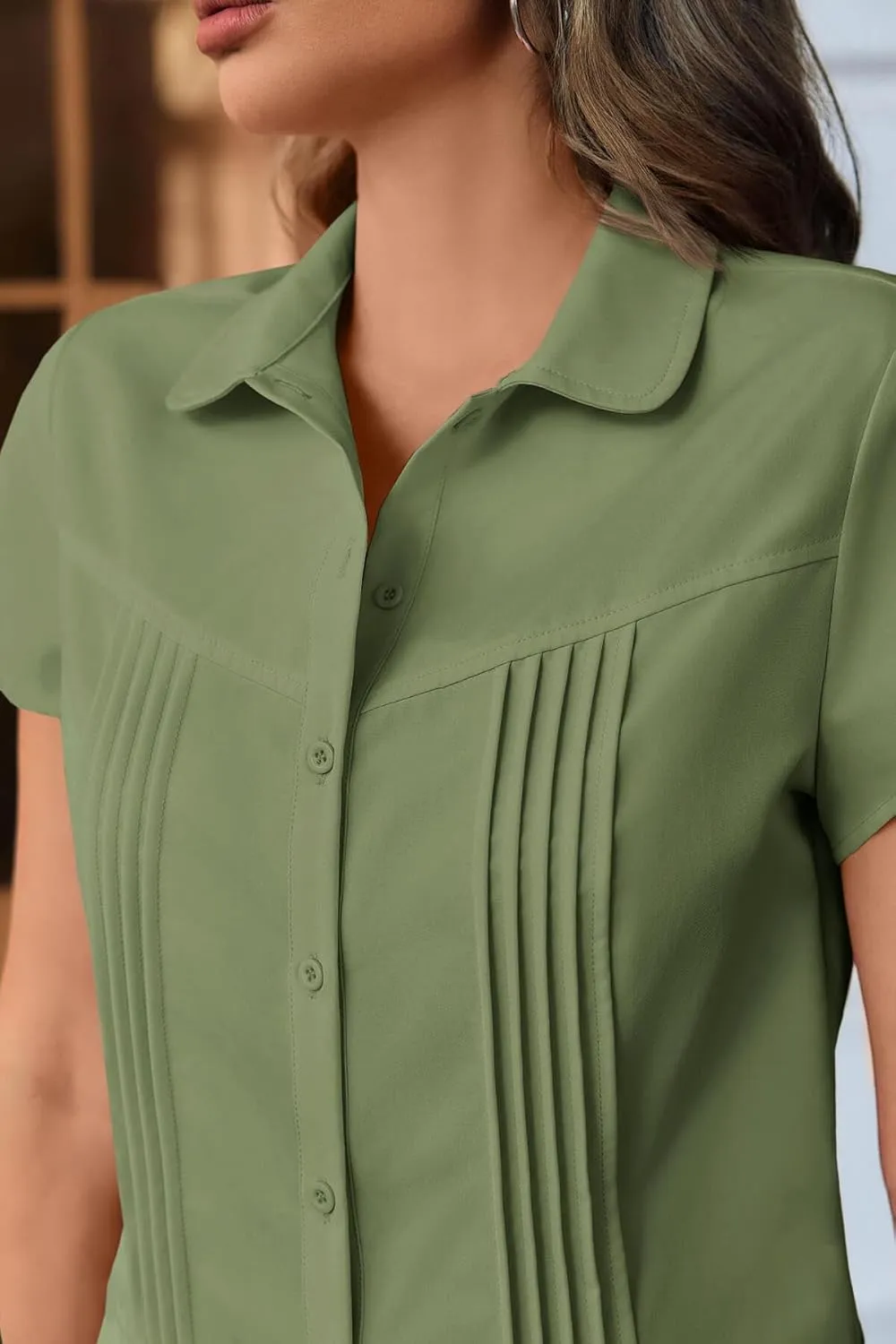 Cicy Bell Womens Short Sleeve Button Down Shirts Pleated Slim Fit Summer Dressy Casual Blouses