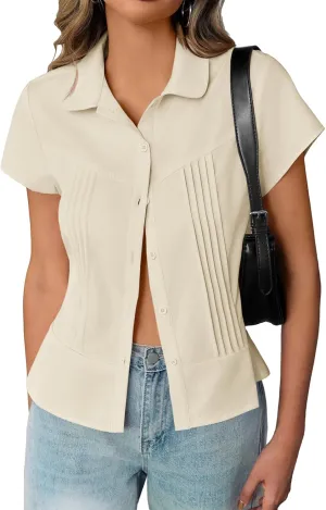 Cicy Bell Womens Short Sleeve Button Down Shirts Pleated Slim Fit Summer Dressy Casual Blouses
