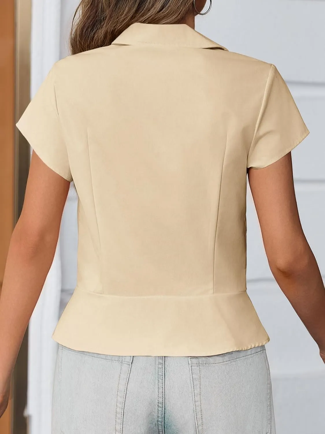 Cicy Bell Womens Short Sleeve Button Down Shirts Pleated Slim Fit Summer Dressy Casual Blouses