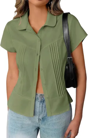 Cicy Bell Womens Short Sleeve Button Down Shirts Pleated Slim Fit Summer Dressy Casual Blouses