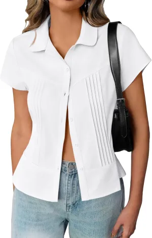 Cicy Bell Womens Short Sleeve Button Down Shirts Pleated Slim Fit Summer Dressy Casual Blouses