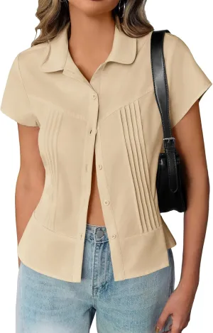 Cicy Bell Womens Short Sleeve Button Down Shirts Pleated Slim Fit Summer Dressy Casual Blouses