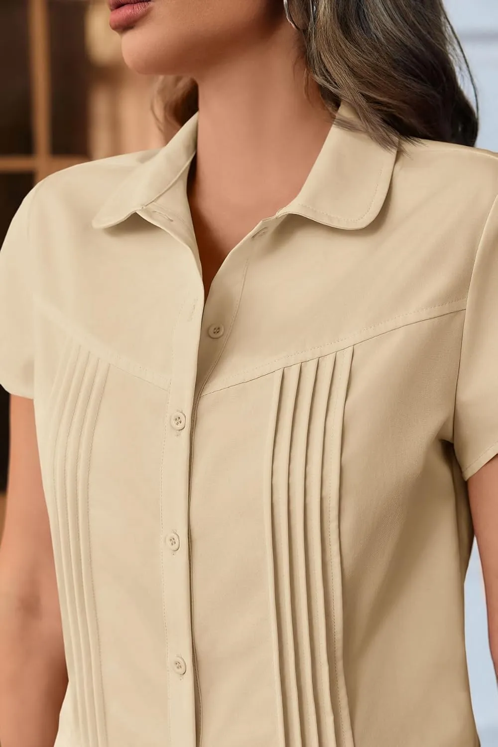 Cicy Bell Womens Short Sleeve Button Down Shirts Pleated Slim Fit Summer Dressy Casual Blouses
