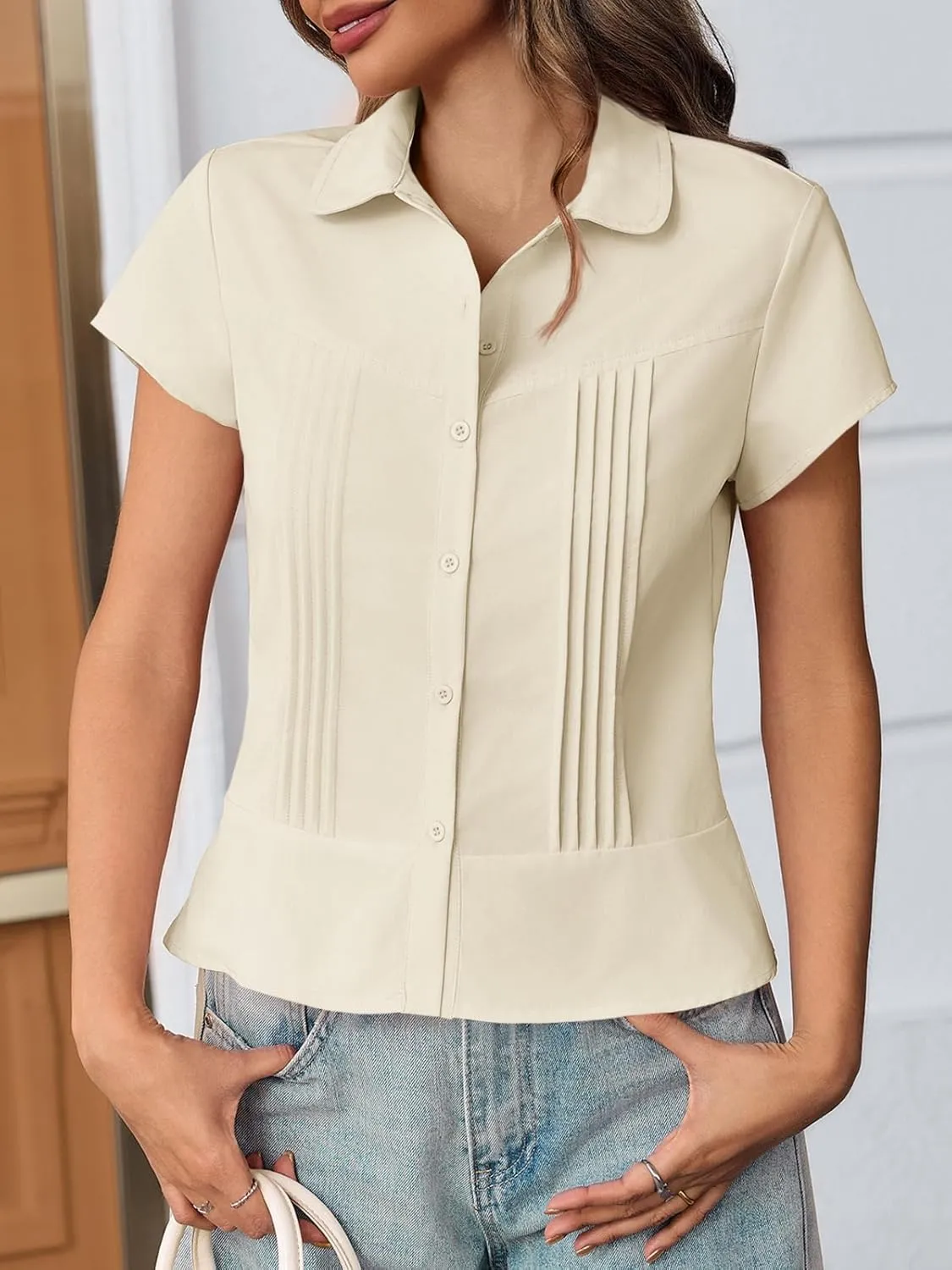 Cicy Bell Womens Short Sleeve Button Down Shirts Pleated Slim Fit Summer Dressy Casual Blouses
