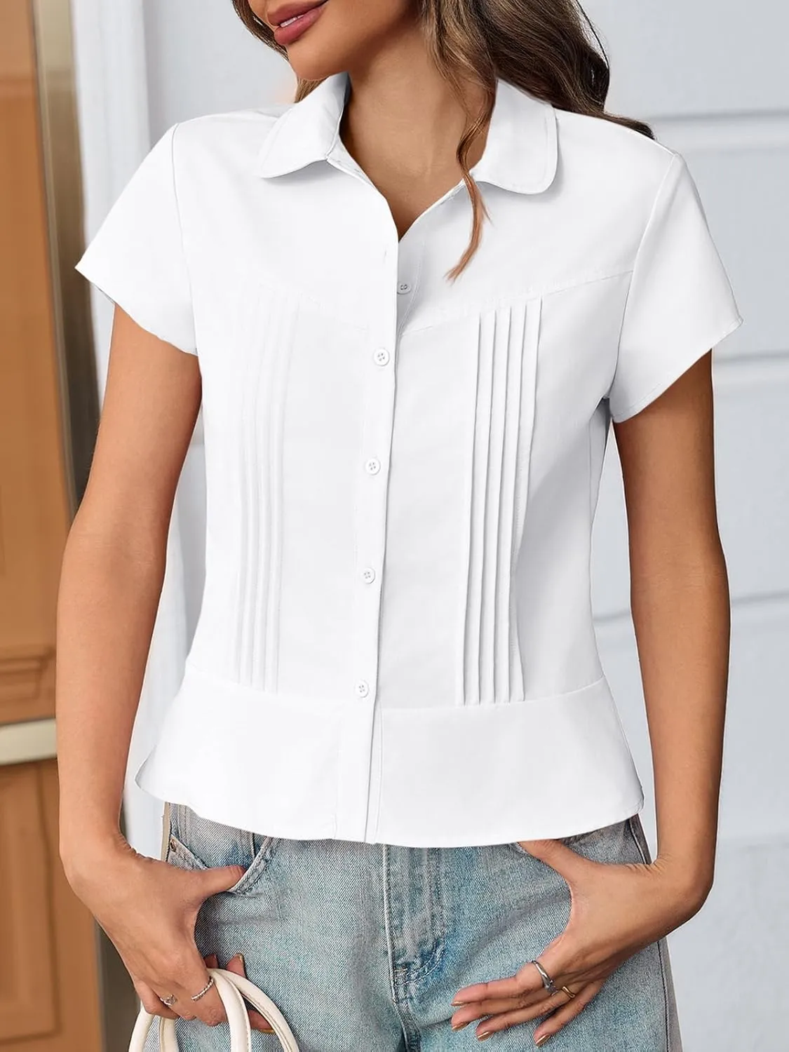 Cicy Bell Womens Short Sleeve Button Down Shirts Pleated Slim Fit Summer Dressy Casual Blouses