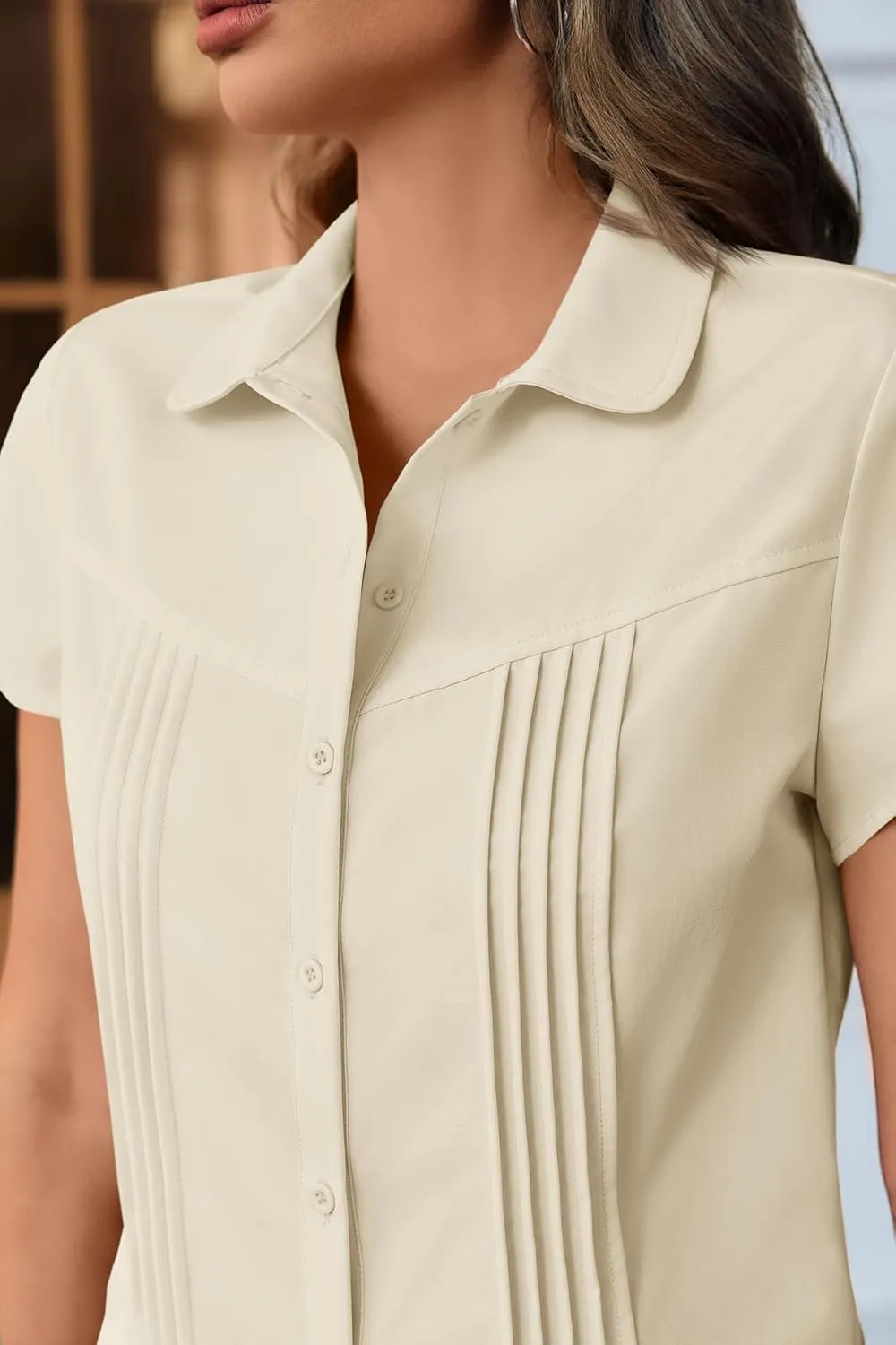 Cicy Bell Womens Short Sleeve Button Down Shirts Pleated Slim Fit Summer Dressy Casual Blouses
