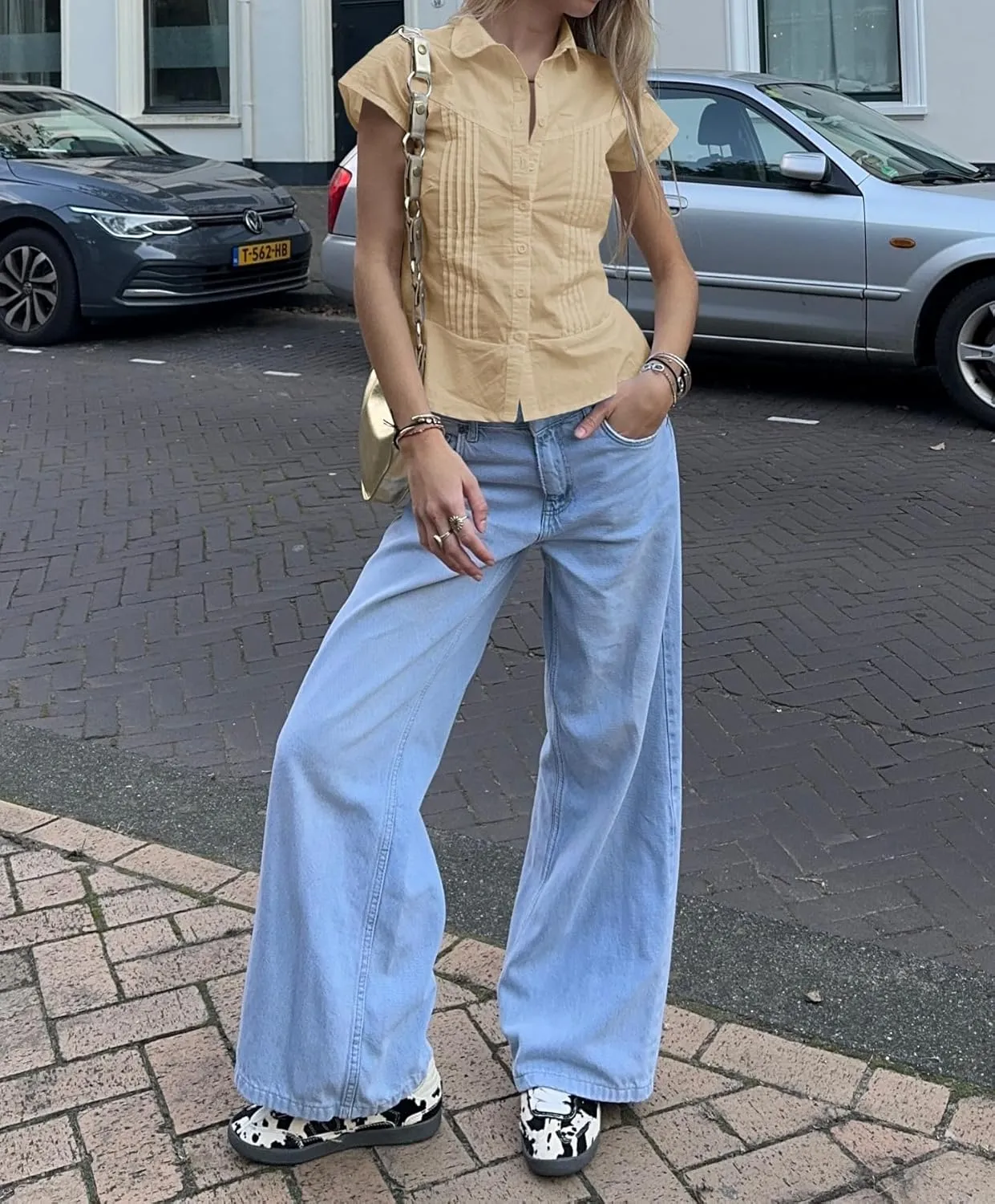 Cicy Bell Womens Short Sleeve Button Down Shirts Pleated Slim Fit Summer Dressy Casual Blouses