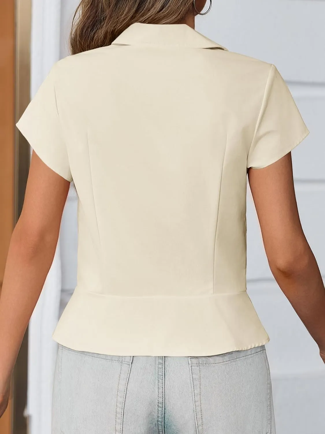 Cicy Bell Womens Short Sleeve Button Down Shirts Pleated Slim Fit Summer Dressy Casual Blouses