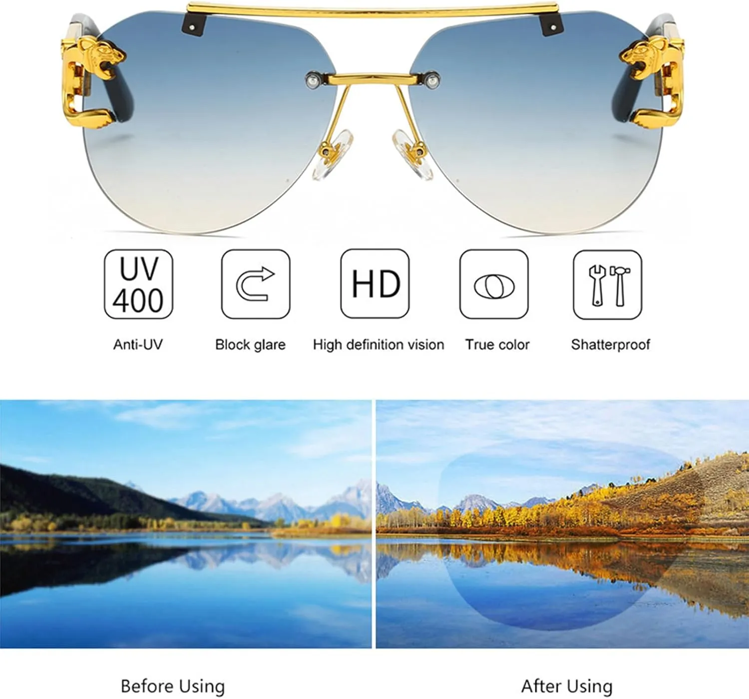 Classic Aviator Sunglasses for Women Men, Frameless Leopard Head Design, Polarized Lens UV Blocking