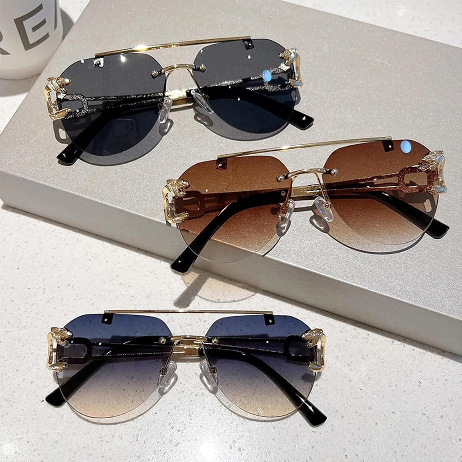 Classic Aviator Sunglasses for Women Men, Frameless Leopard Head Design, Polarized Lens UV Blocking