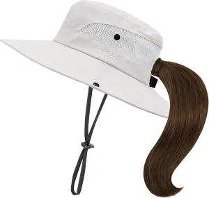 Classic Ponytail Sun Hat for Women,Mesh Bun Ponytail-Hole Bucket Hat UV Protection Wide-Brim Summer Hat Outdoor