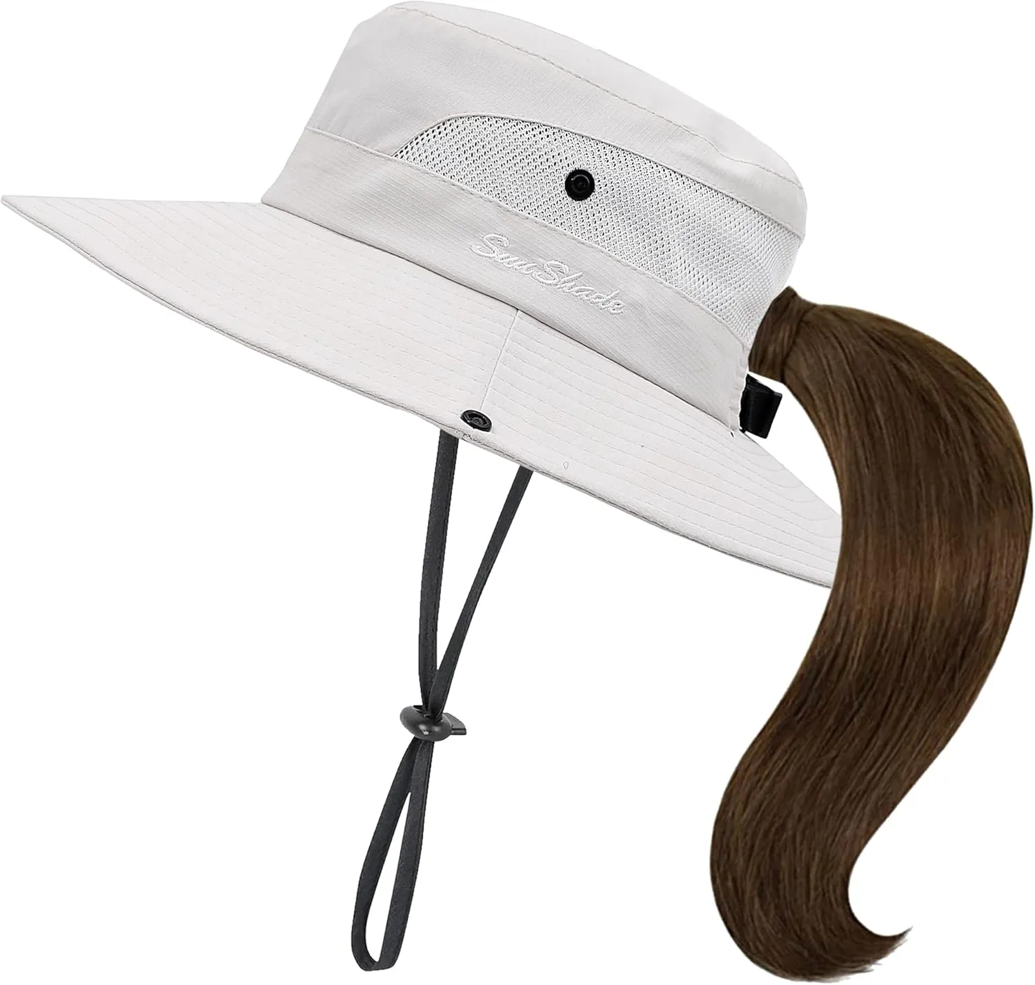 Classic Ponytail Sun Hat for Women,Mesh Bun Ponytail-Hole Bucket Hat UV Protection Wide-Brim Summer Hat Outdoor