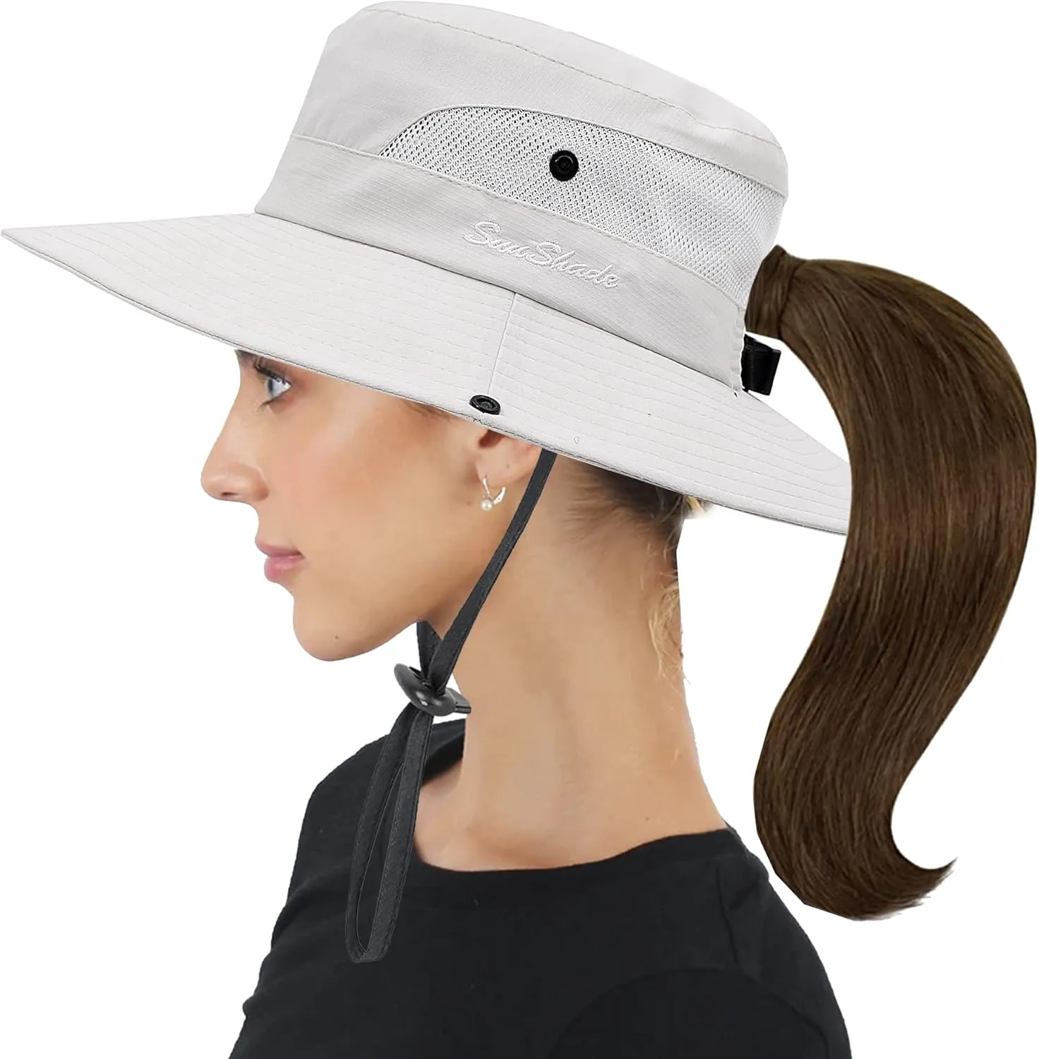 Classic Ponytail Sun Hat for Women,Mesh Bun Ponytail-Hole Bucket Hat UV Protection Wide-Brim Summer Hat Outdoor