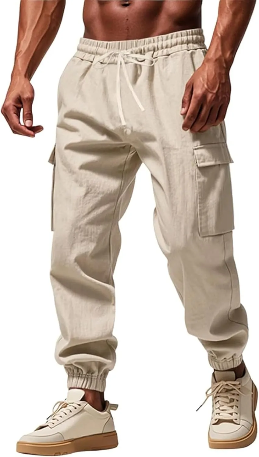 Cotton Linen Cargo Joggers for Men Loose Fit Workout Running Trousers Elastic Waist Drawstring Yoga Beach Sweatpants