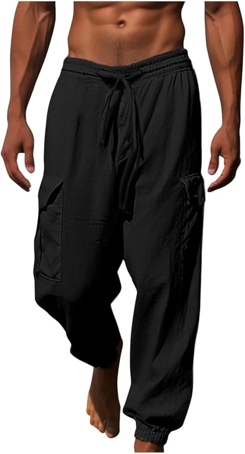 Cotton Linen Cargo Joggers for Men Loose Fit Workout Running Trousers Elastic Waist Drawstring Yoga Beach Sweatpants