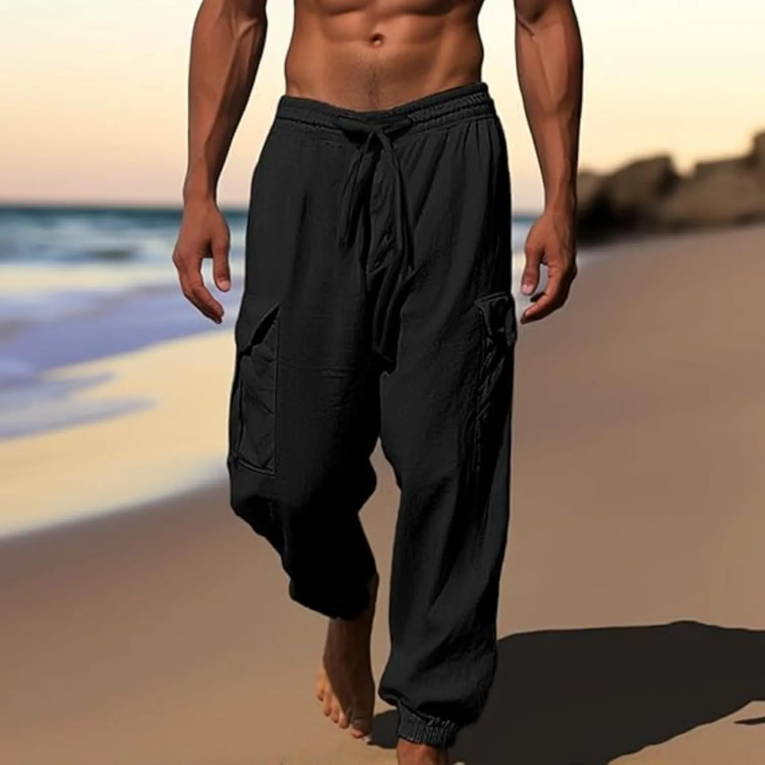Cotton Linen Cargo Joggers for Men Loose Fit Workout Running Trousers Elastic Waist Drawstring Yoga Beach Sweatpants