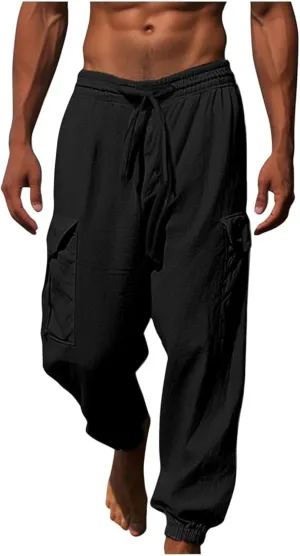 Cotton Linen Cargo Joggers for Men Loose Fit Workout Running Trousers Elastic Waist Drawstring Yoga Beach Sweatpants