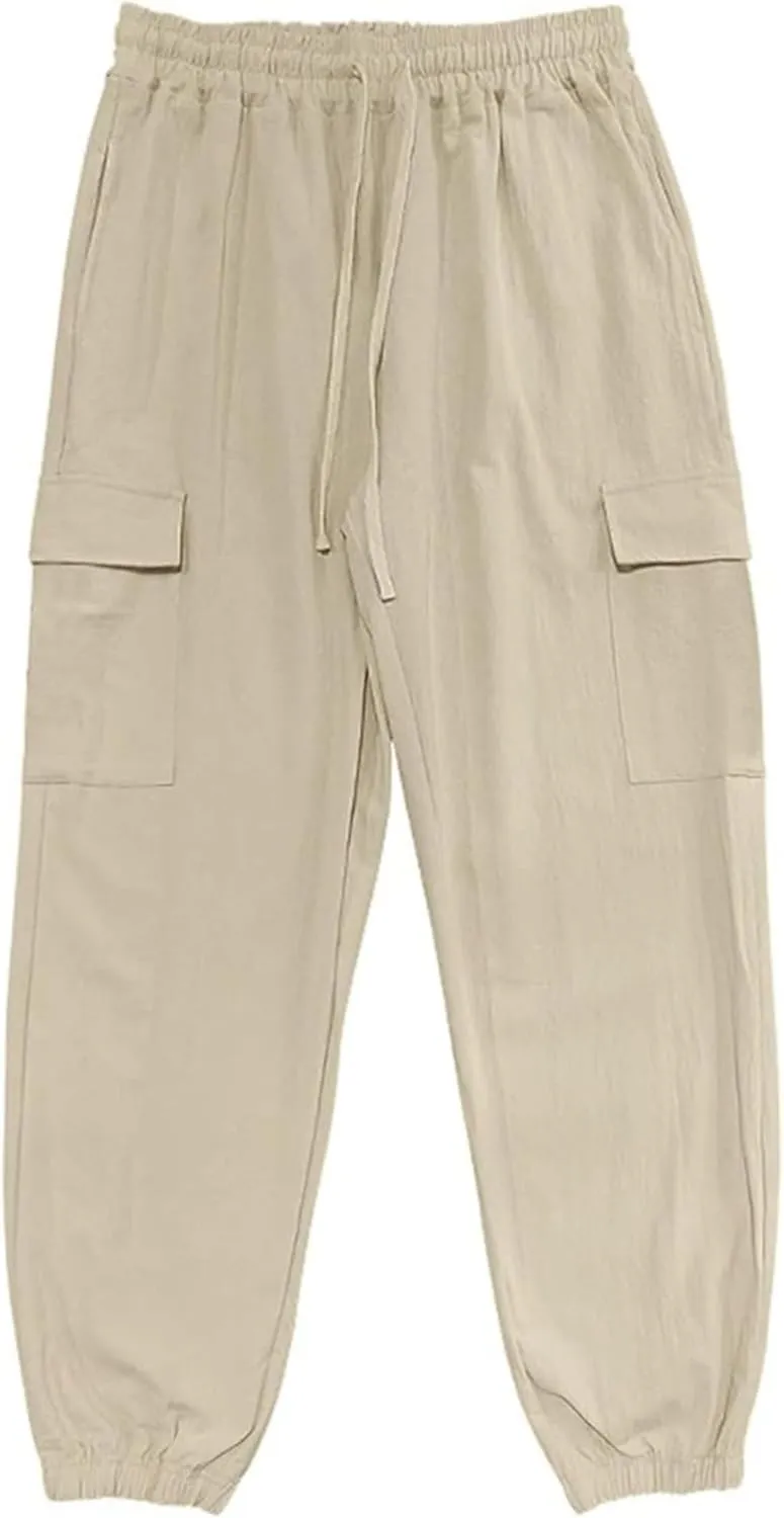 Cotton Linen Cargo Joggers for Men Loose Fit Workout Running Trousers Elastic Waist Drawstring Yoga Beach Sweatpants