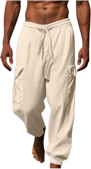 Cotton Linen Cargo Joggers for Men Loose Fit Workout Running Trousers Elastic Waist Drawstring Yoga Beach Sweatpants