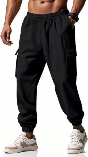 Cotton Linen Cargo Joggers for Men Loose Fit Workout Running Trousers Elastic Waist Drawstring Yoga Beach Sweatpants