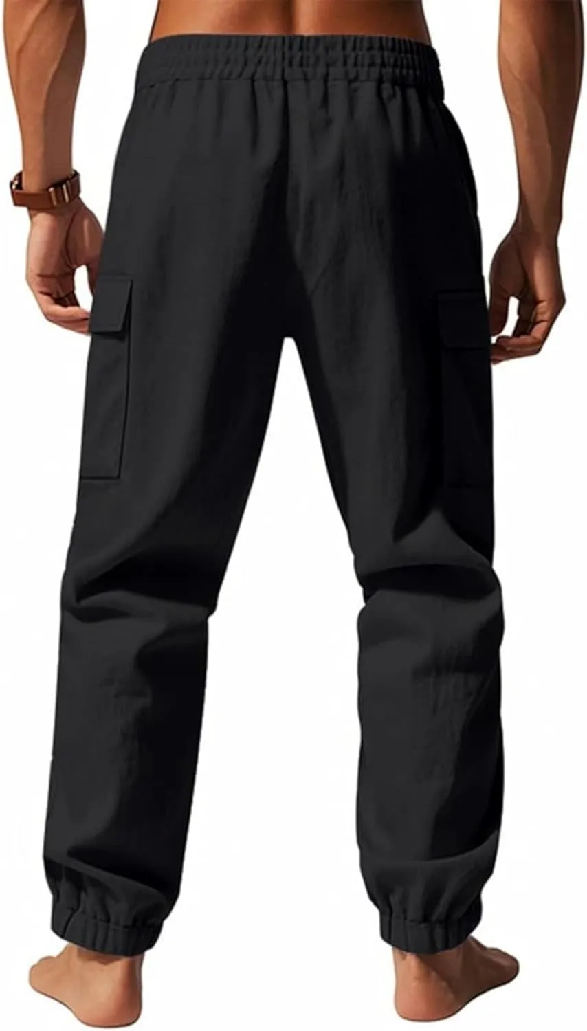 Cotton Linen Cargo Joggers for Men Loose Fit Workout Running Trousers Elastic Waist Drawstring Yoga Beach Sweatpants