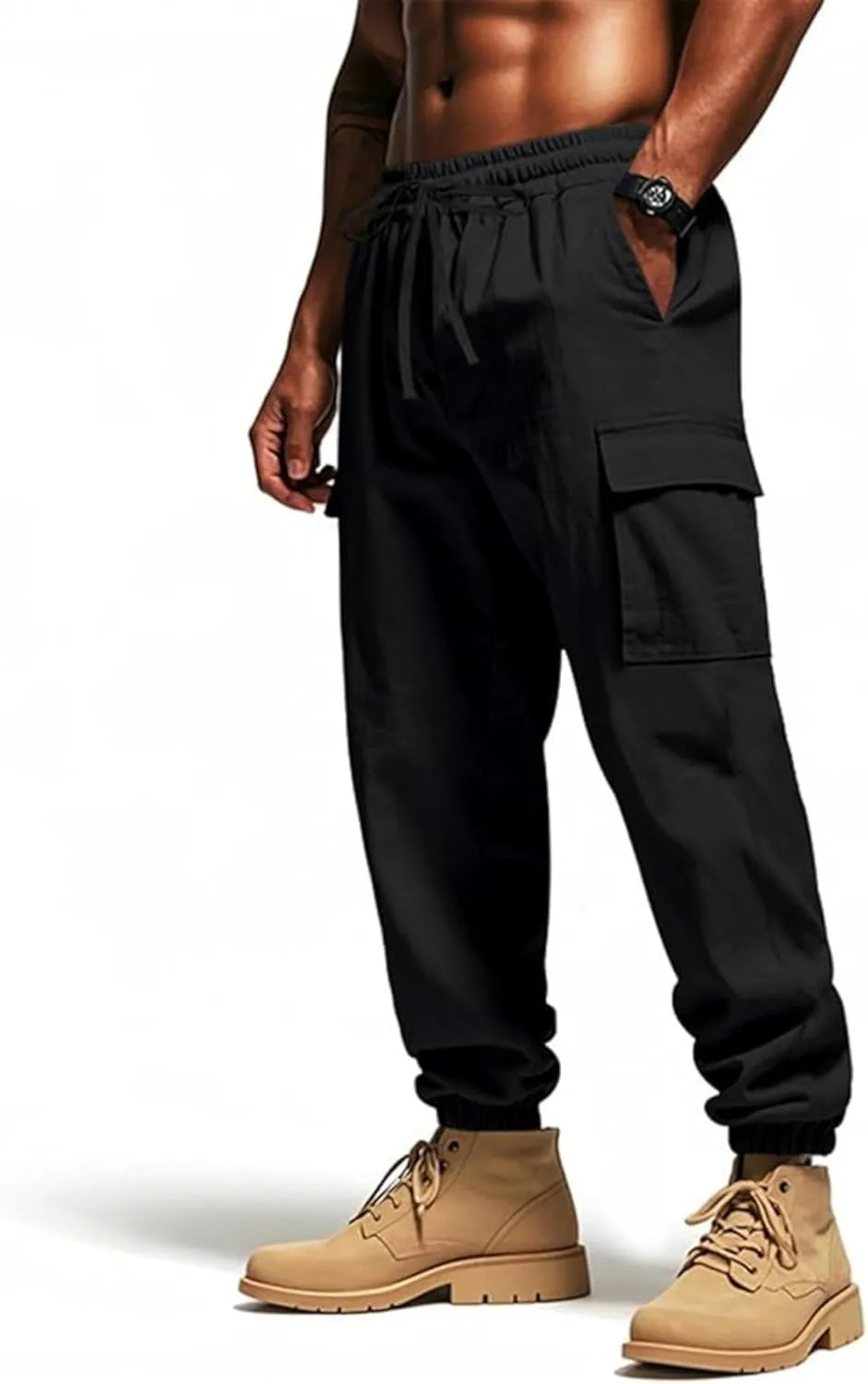 Cotton Linen Cargo Joggers for Men Loose Fit Workout Running Trousers Elastic Waist Drawstring Yoga Beach Sweatpants
