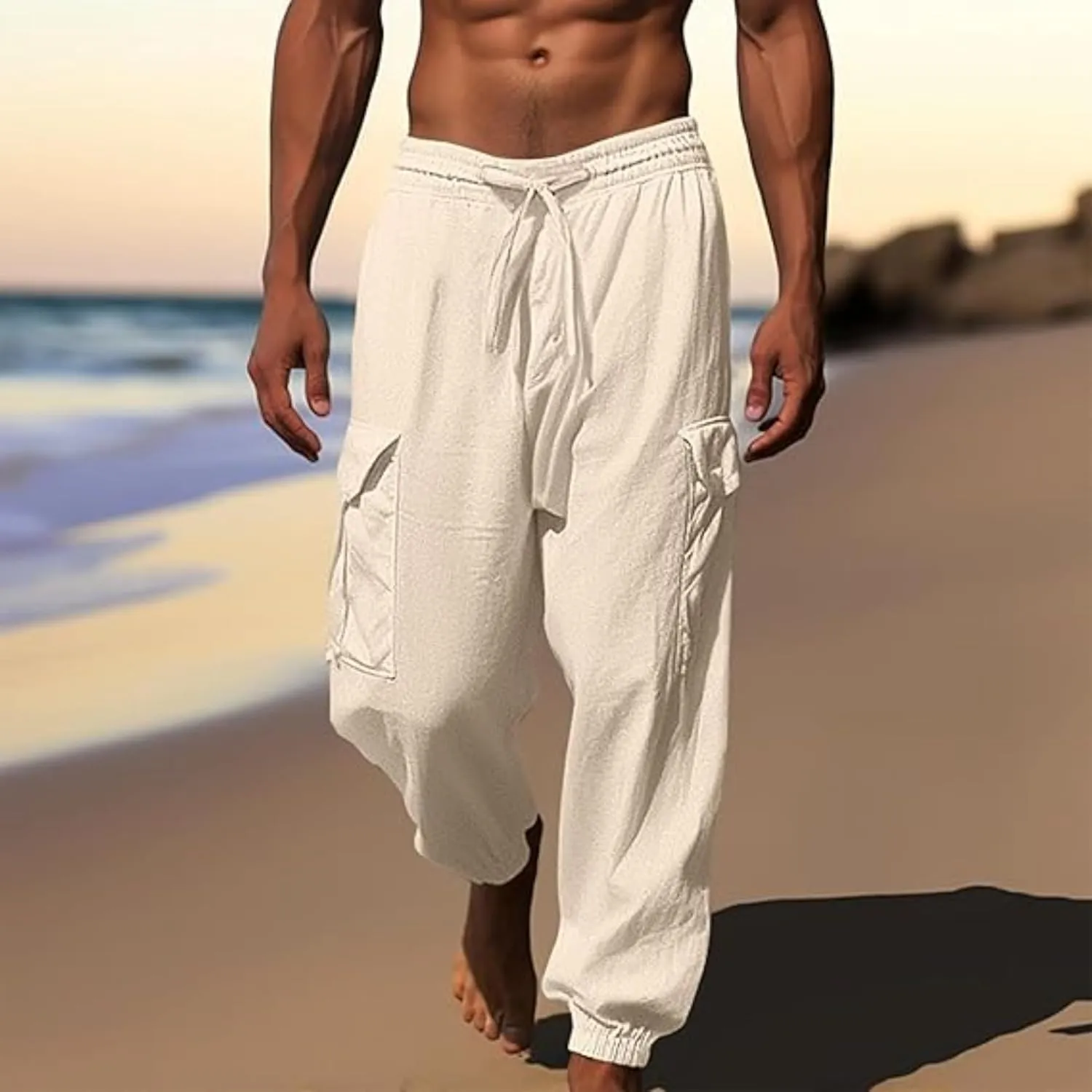Cotton Linen Cargo Joggers for Men Loose Fit Workout Running Trousers Elastic Waist Drawstring Yoga Beach Sweatpants