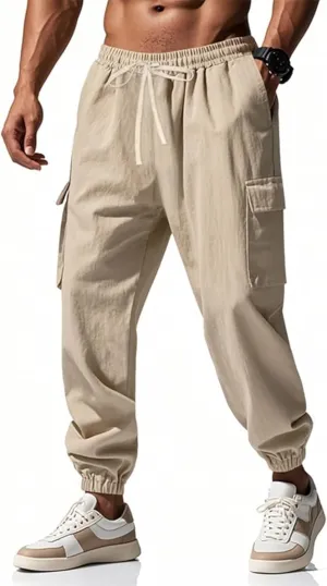 Cotton Linen Cargo Joggers for Men Loose Fit Workout Running Trousers Elastic Waist Drawstring Yoga Beach Sweatpants