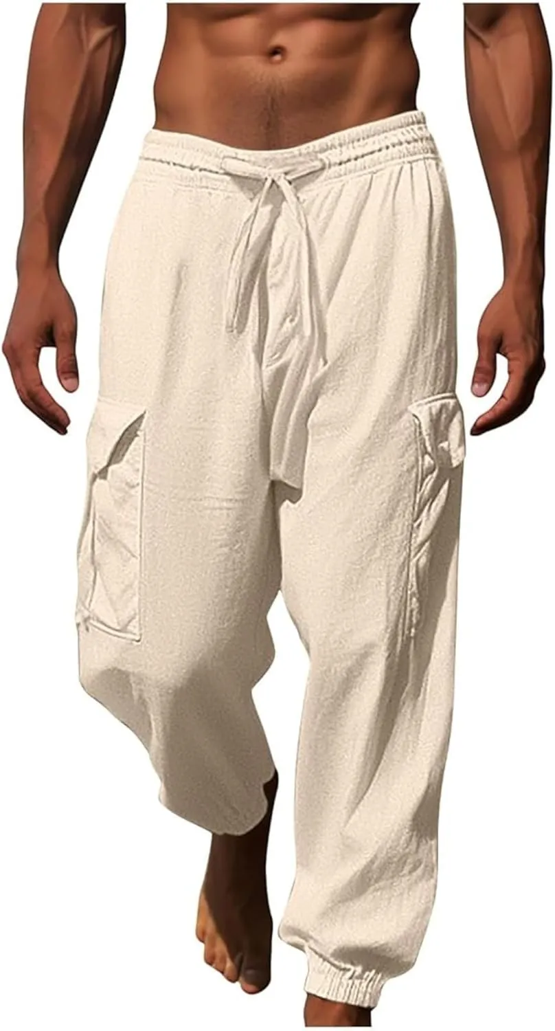 Cotton Linen Cargo Joggers for Men Loose Fit Workout Running Trousers Elastic Waist Drawstring Yoga Beach Sweatpants