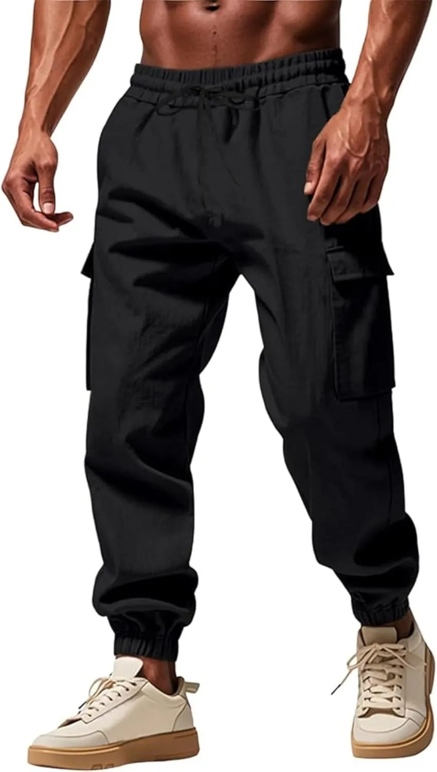 Cotton Linen Cargo Joggers for Men Loose Fit Workout Running Trousers Elastic Waist Drawstring Yoga Beach Sweatpants