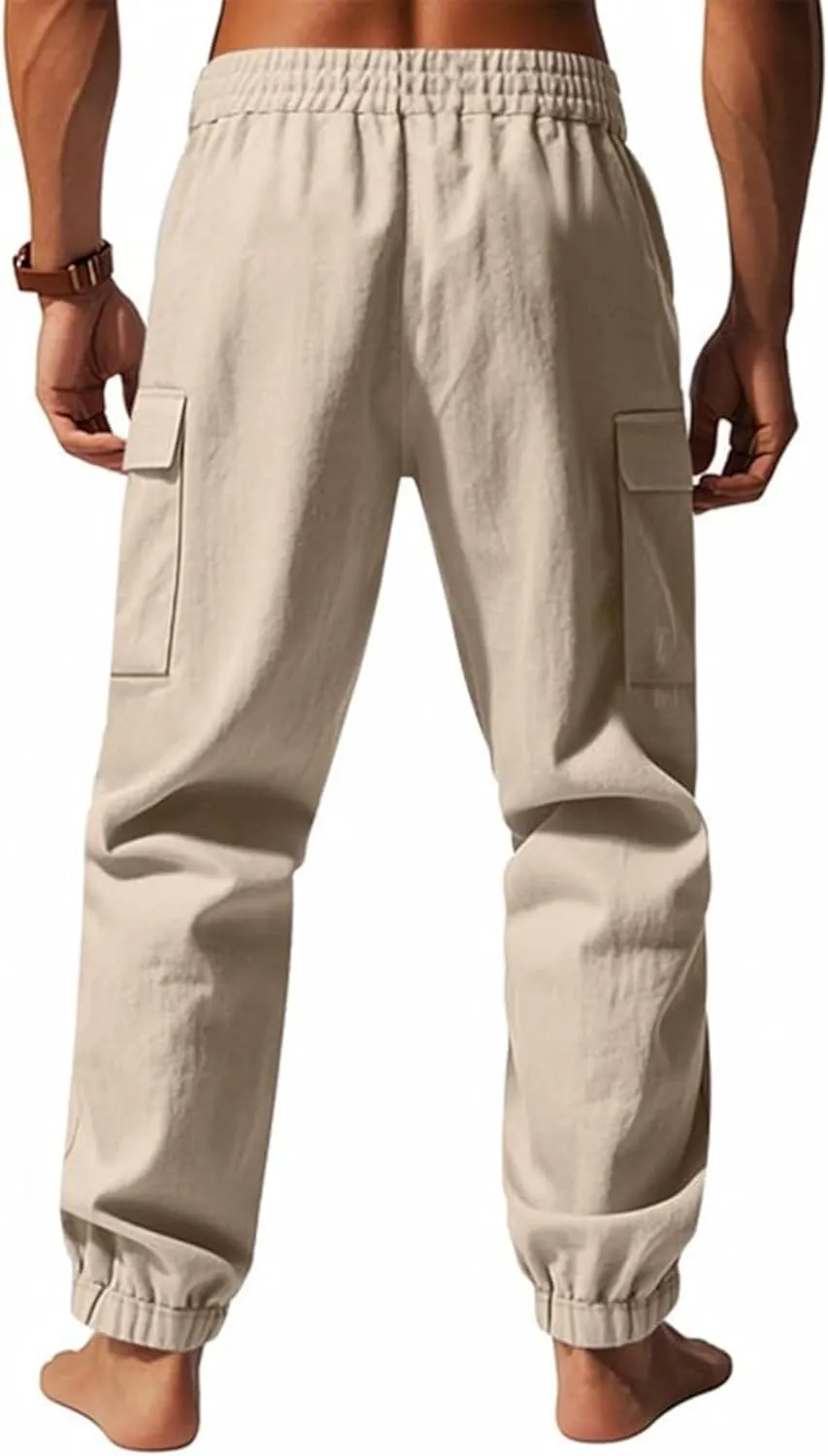 Cotton Linen Cargo Joggers for Men Loose Fit Workout Running Trousers Elastic Waist Drawstring Yoga Beach Sweatpants
