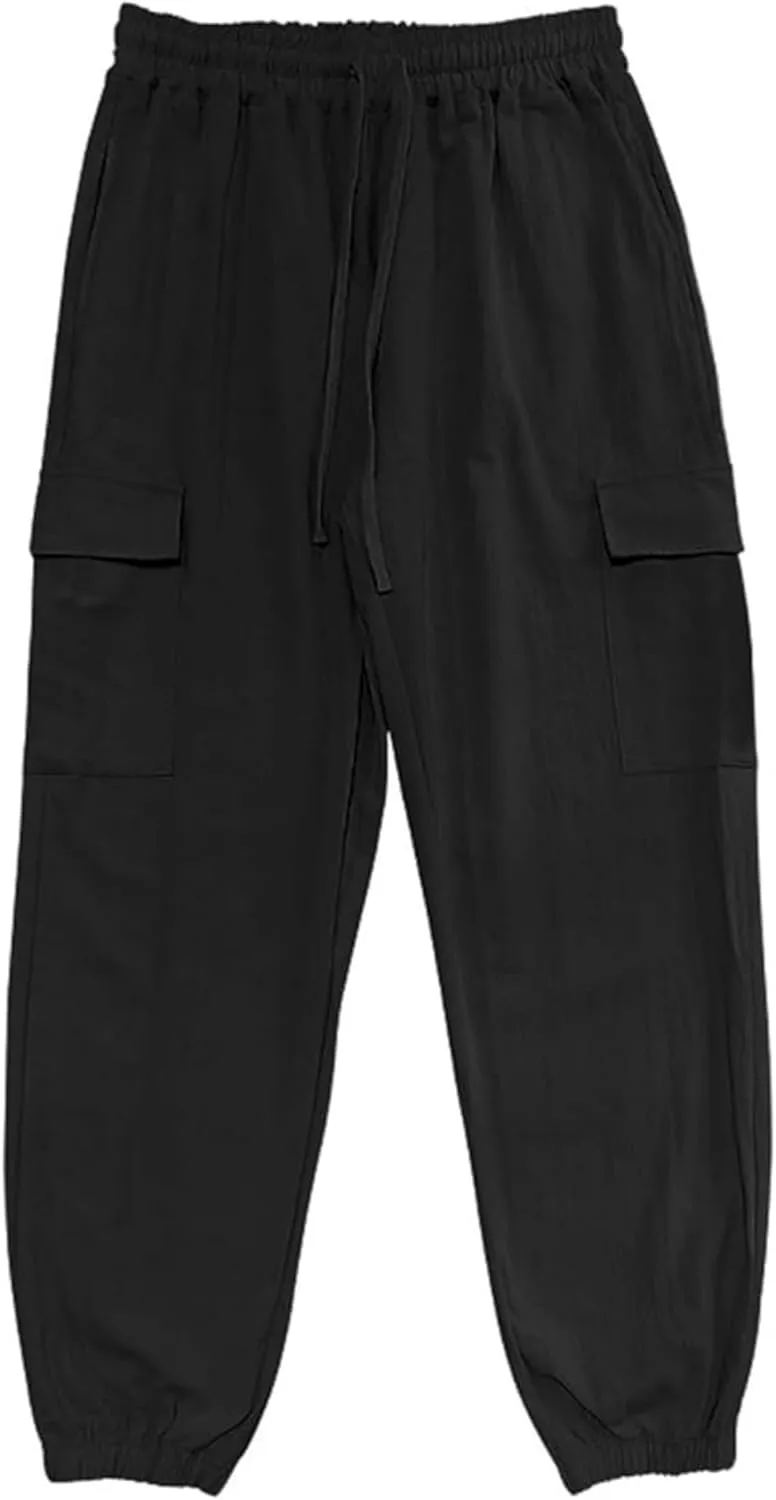 Cotton Linen Cargo Joggers for Men Loose Fit Workout Running Trousers Elastic Waist Drawstring Yoga Beach Sweatpants