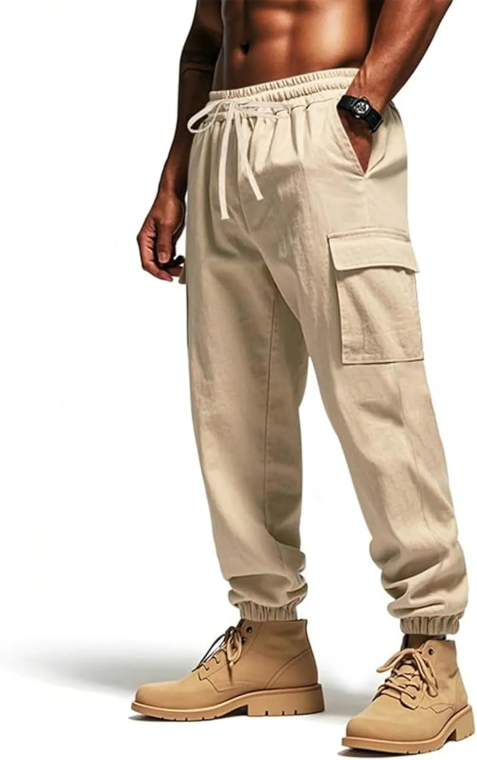 Cotton Linen Cargo Joggers for Men Loose Fit Workout Running Trousers Elastic Waist Drawstring Yoga Beach Sweatpants