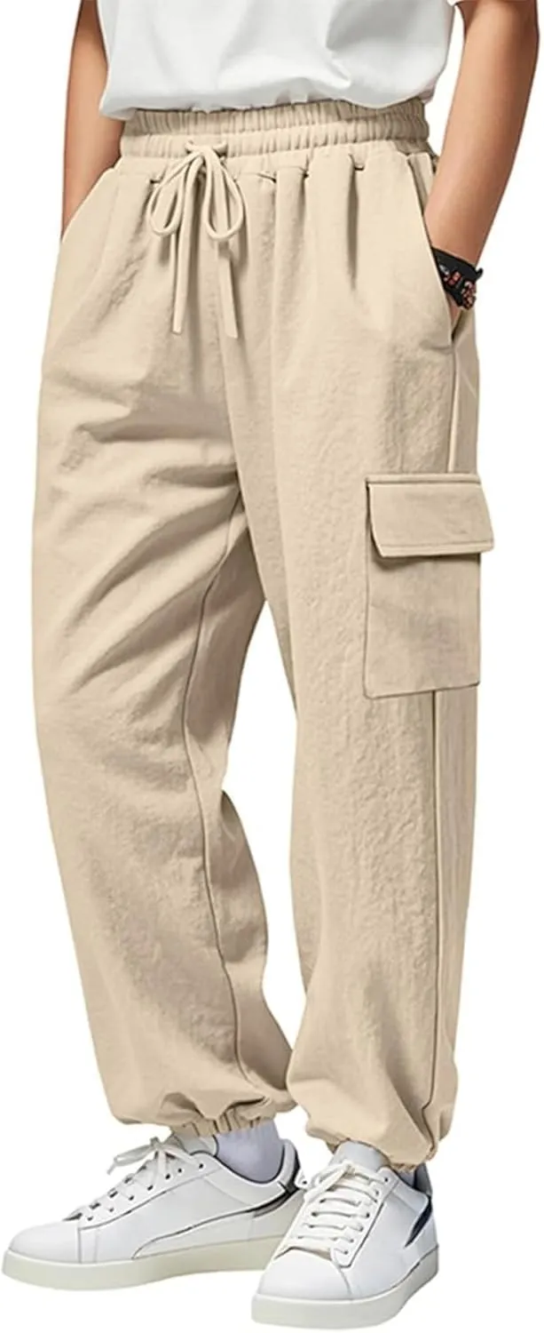 Cotton Linen Cargo Joggers for Men Loose Fit Workout Running Trousers Elastic Waist Drawstring Yoga Beach Sweatpants