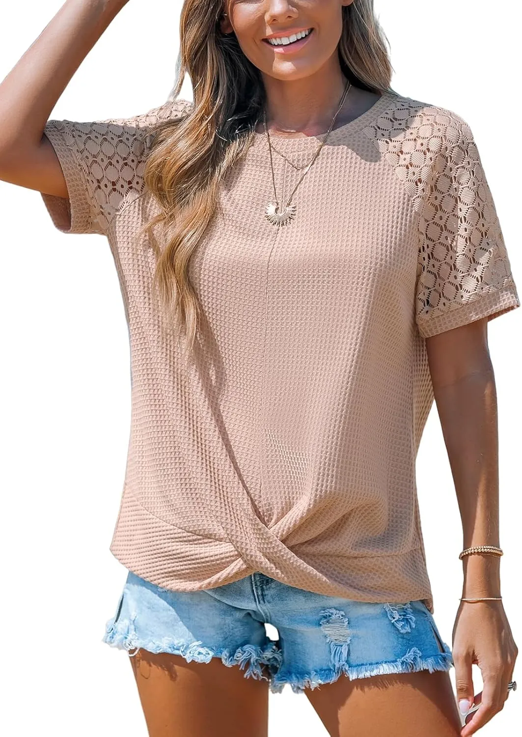 CUPSHE Womens Knit Round Neck Short Lace Sleeve Twist Front Casual Blouse Tee Shirt