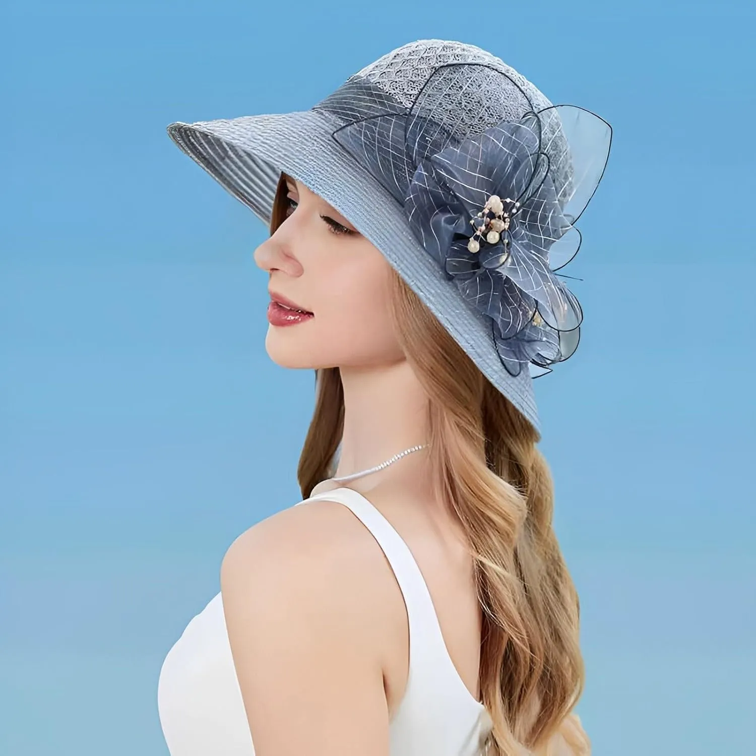 Derby Hats for Women 2025 Floral Pearl Organza Church Fascinator Cap Wide Brim Bridal Tea Party Foldable Bowler Hat