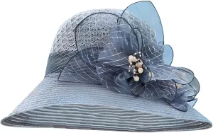Derby Hats for Women 2025 Floral Pearl Organza Church Fascinator Cap Wide Brim Bridal Tea Party Foldable Bowler Hat