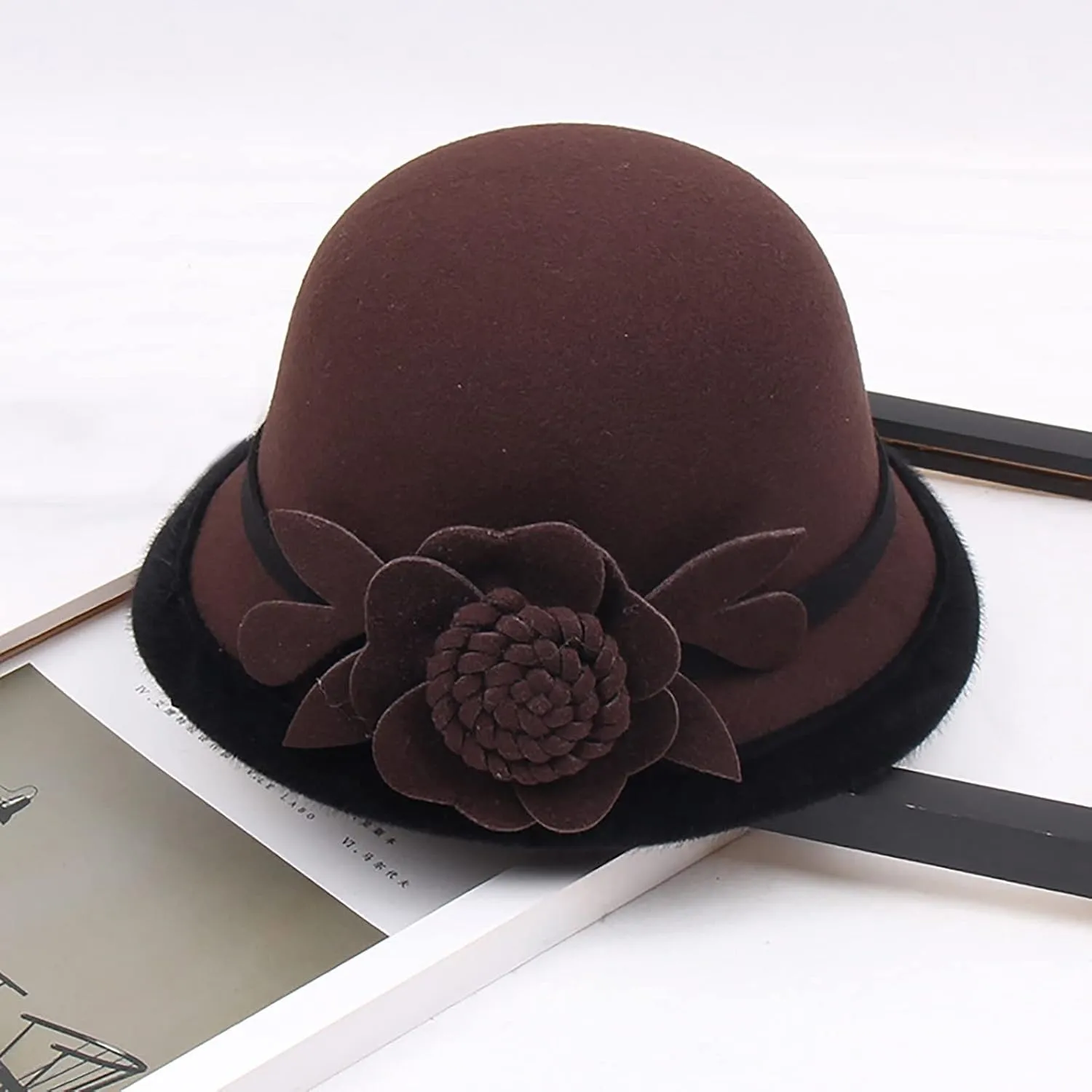 Derby Hats for Women Faux Wool Fascinators Bowler Hats with Flower Vintage Church Tea Party Basin Cap Bucket Caps