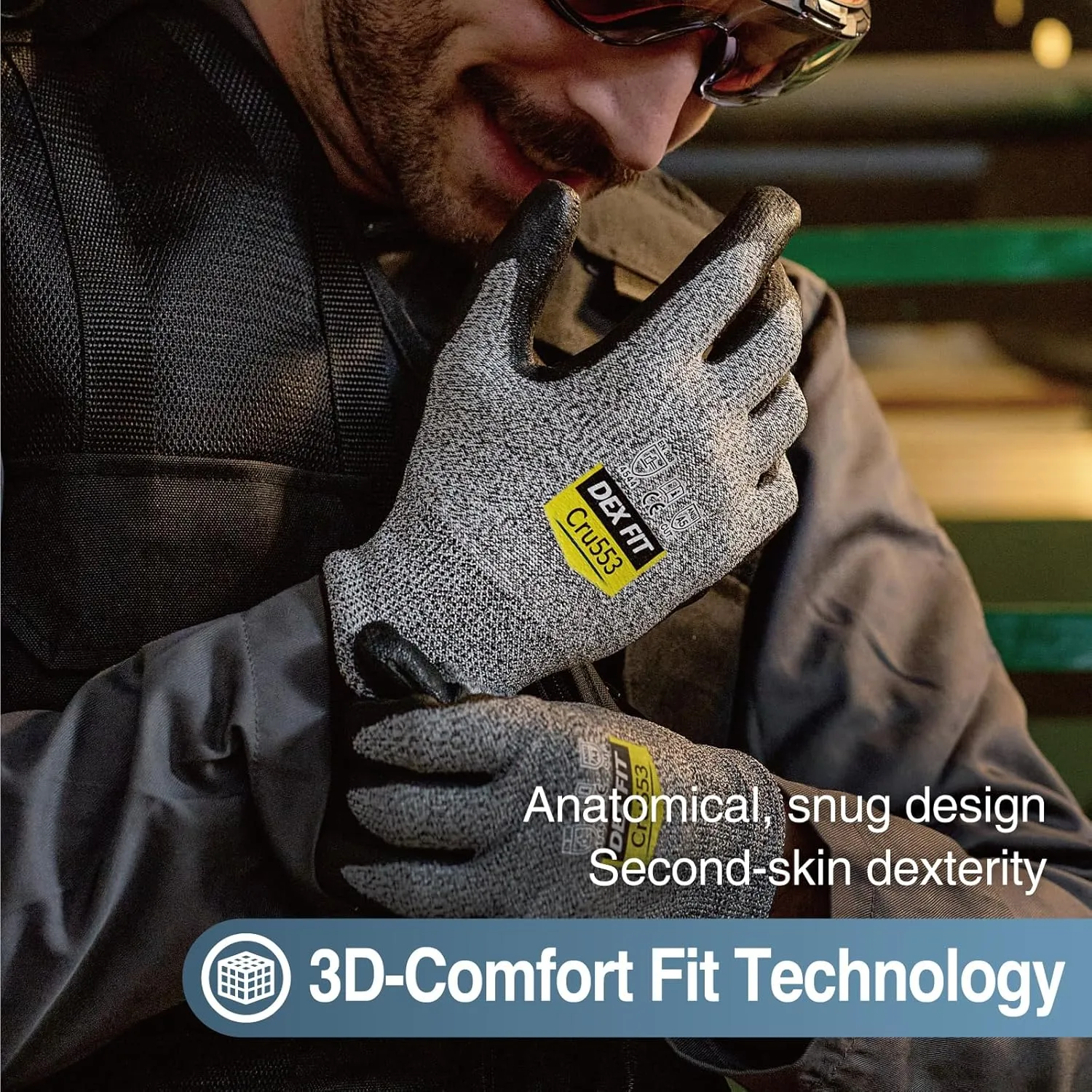 DEX FIT Level 5 Cut Resistant Gloves Cru553, 3D-Comfort Fit, Firm Grip, Thin, Touch-Screen, Durable, Breathable; 3 Pairs (Blackgrey, Large (3 Pair))