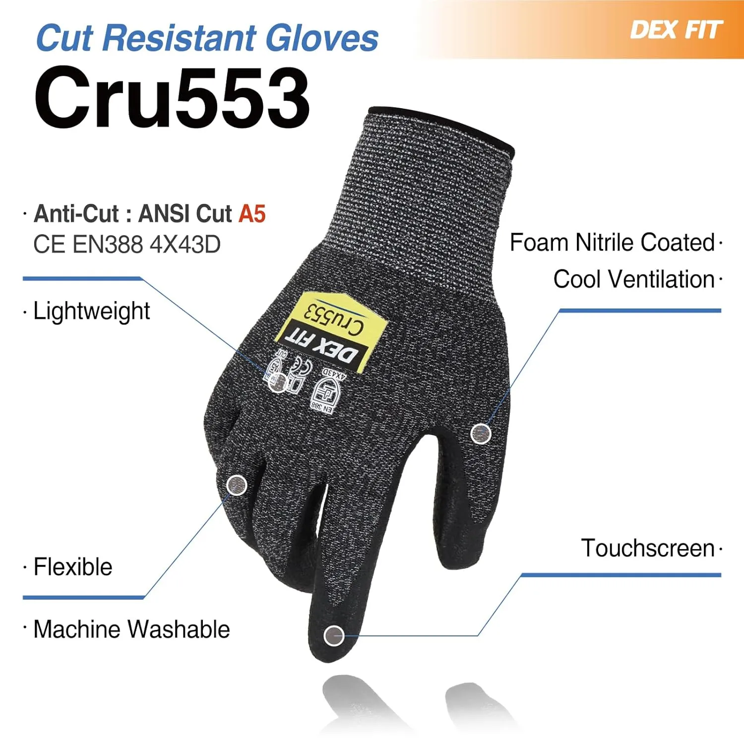 DEX FIT Level 5 Cut Resistant Gloves Cru553, 3D-Comfort Fit, Firm Grip, Thin, Touch-Screen, Durable, Breathable; 3 Pairs (Blackgrey, Large (3 Pair))