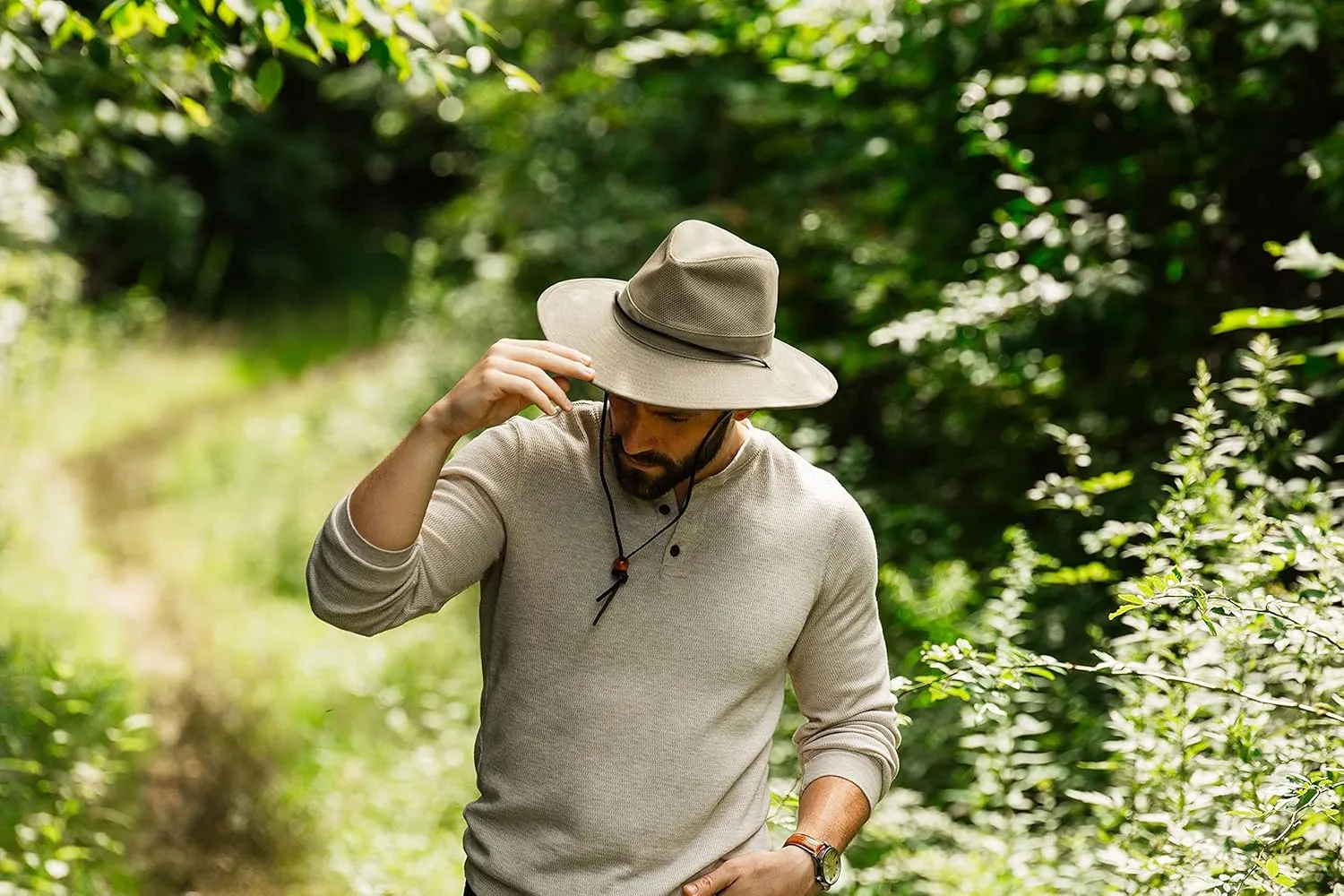 Dorfman Hat Co. Men's Brushed Twill-and-Mesh Safari Hat with Genuine Leather Trim