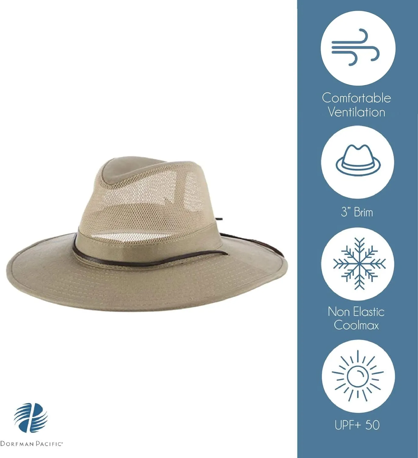 Dorfman Hat Co. Men's Brushed Twill-and-Mesh Safari Hat with Genuine Leather Trim
