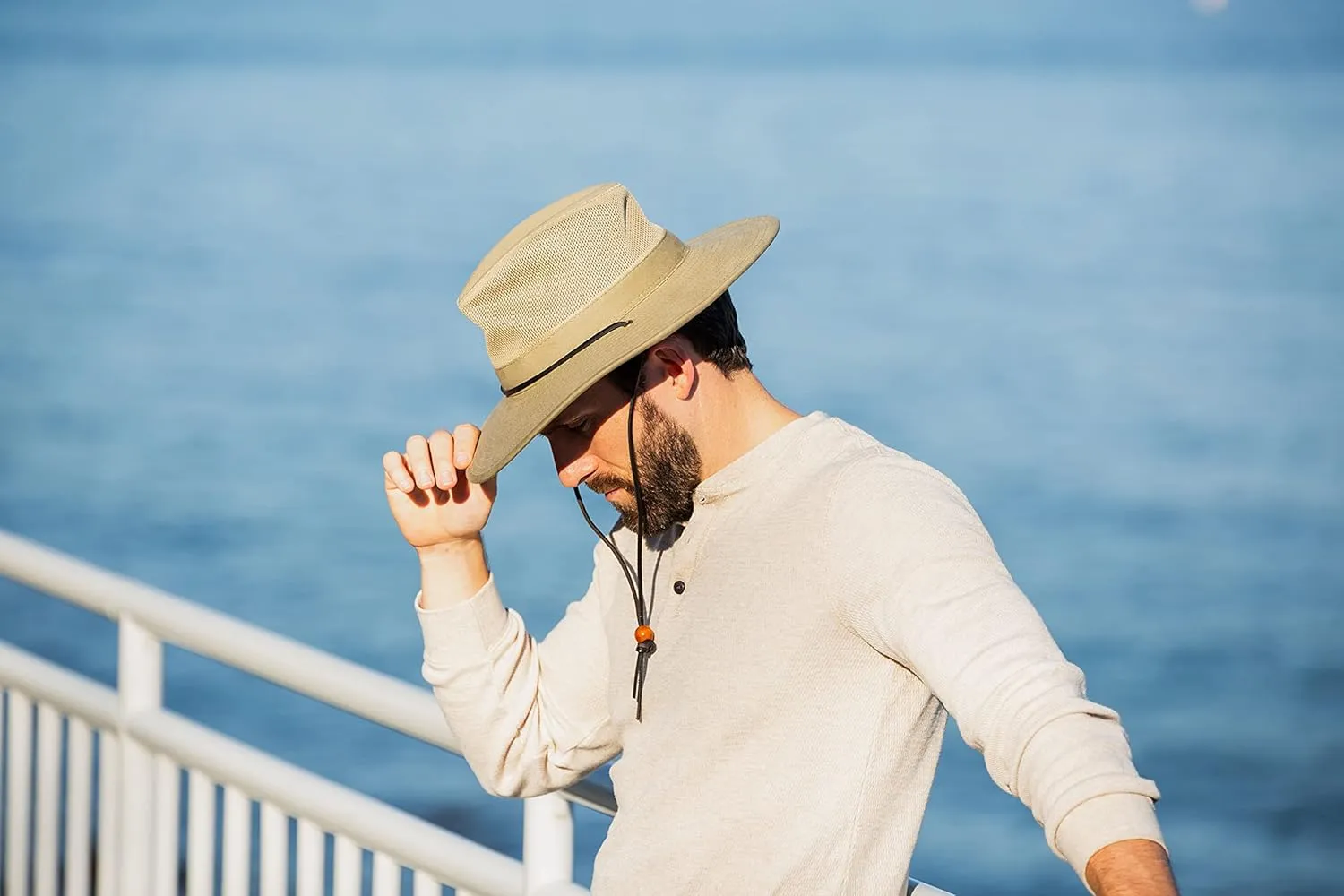Dorfman Hat Co. Men's Brushed Twill-and-Mesh Safari Hat with Genuine Leather Trim